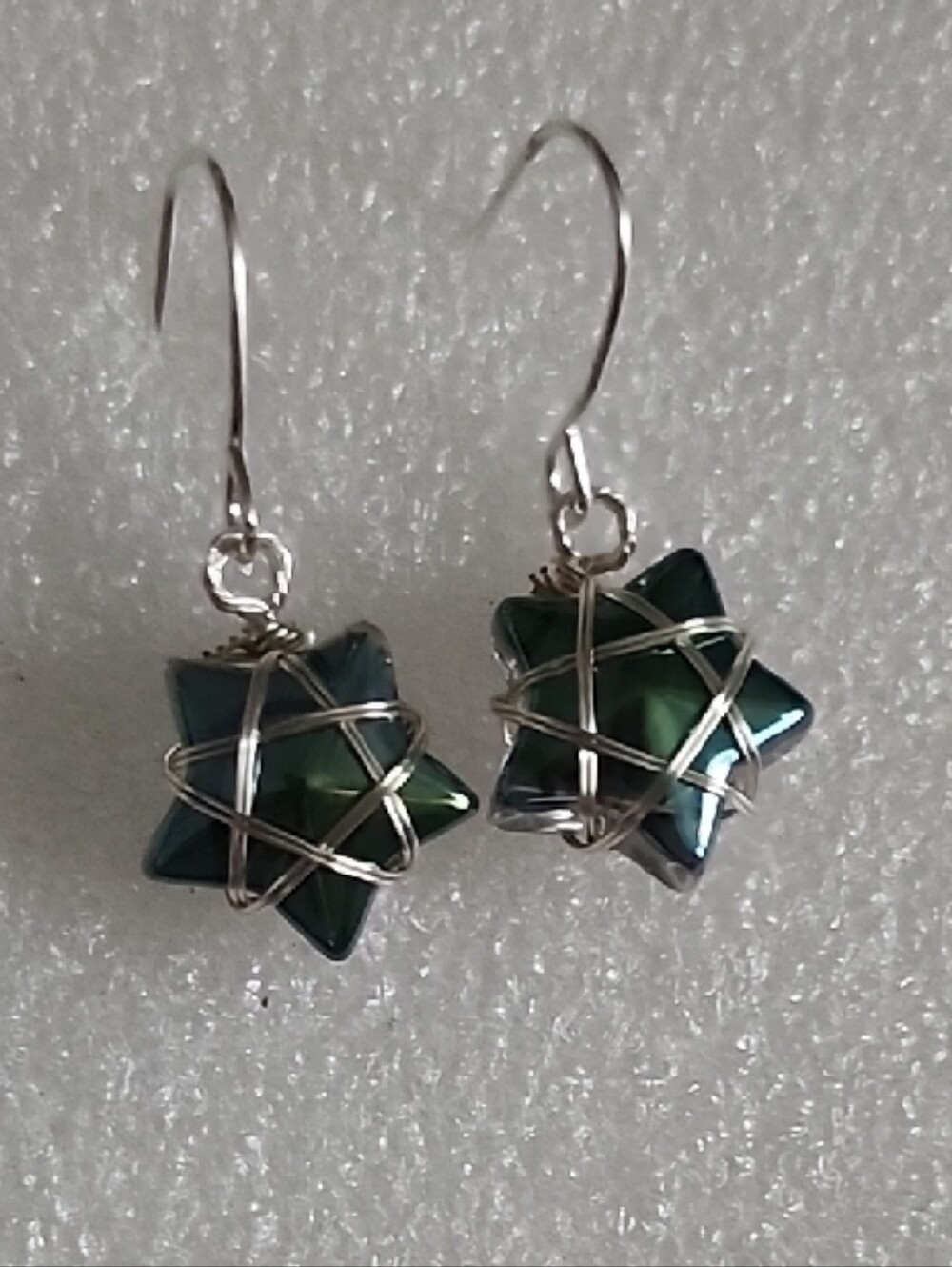 Hand Crafted Iridescent Green Star Earrings with Silver Wire